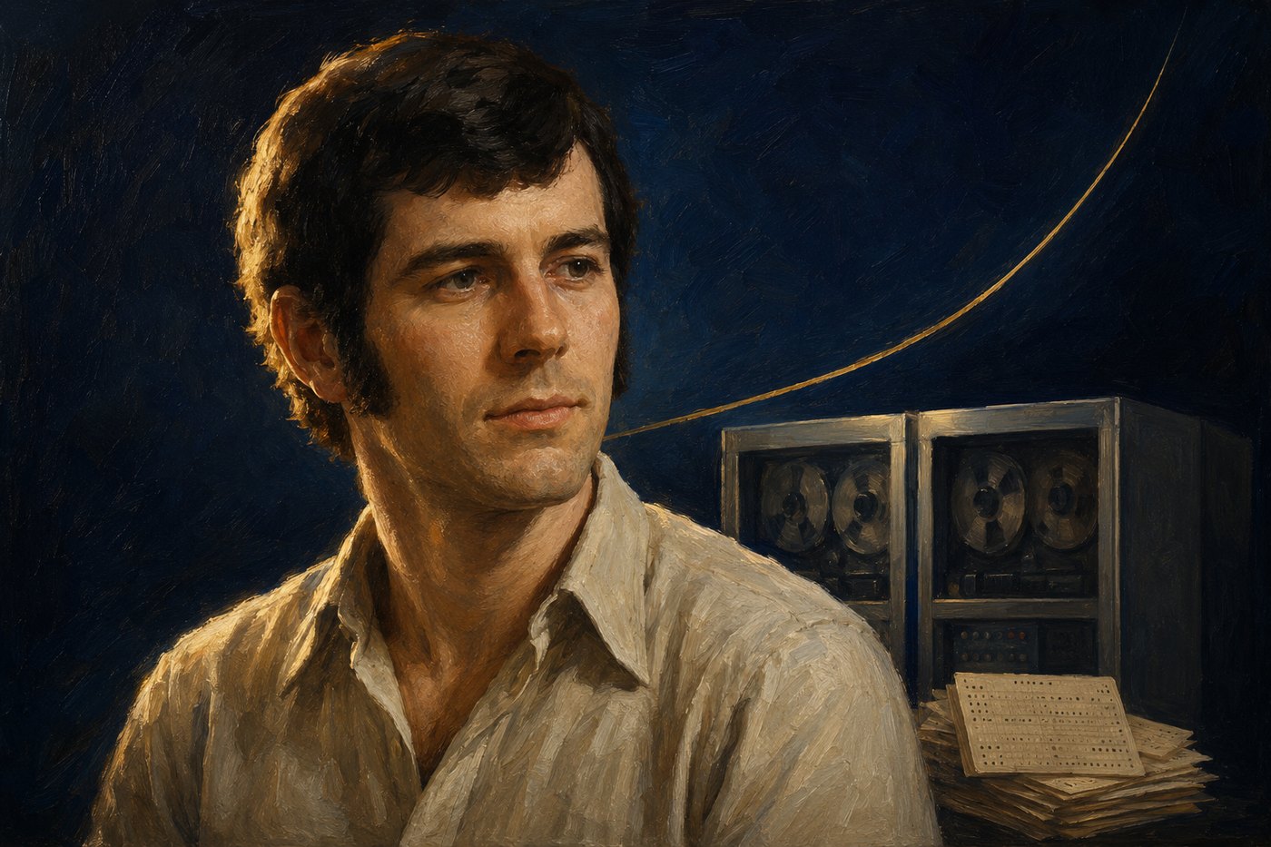 Illustrated portrait of Ed Seykota in the early 1970s, beside a mainframe computer with reel-to-reel tape drives and a stack of punched cards, a single gold rising curve behind him