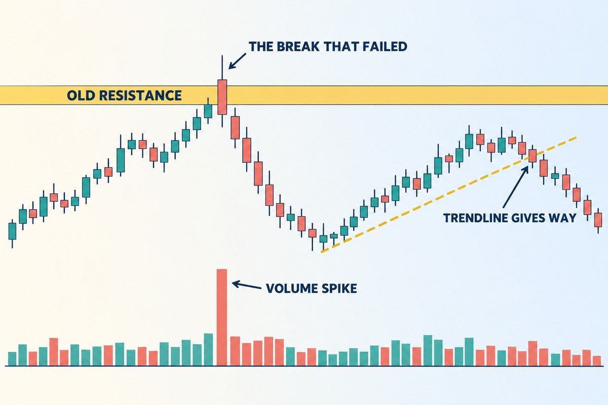 Explainer graphic of a schematic candlestick chart on a cream background: a gold horizontal band labelled OLD RESISTANCE runs across the upper third, one tall candle pokes its wick above the band but closes back below it, labelled THE BREAK THAT FAILED, with a single tall volume bar beneath it labelled VOLUME SPIKE, and on the right a rising gold dashed trendline is crossed by flat candles, labelled TRENDLINE GIVES WAY
