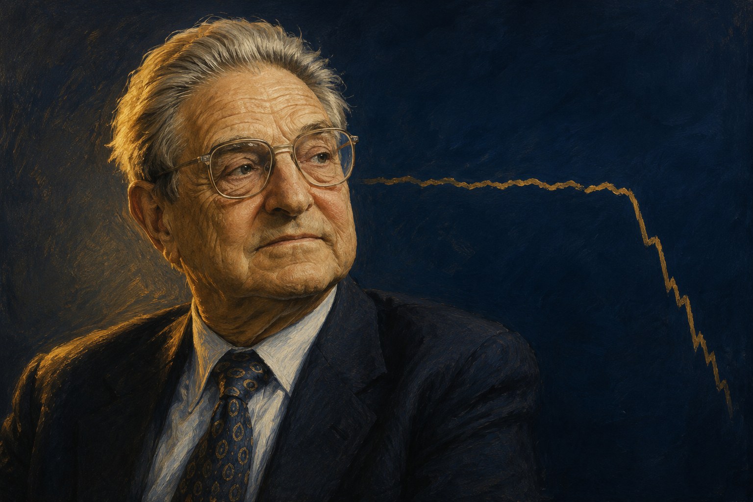 Illustrated portrait of George Soros, with a gold exchange-rate line behind his shoulder running flat and then breaking sharply downward
