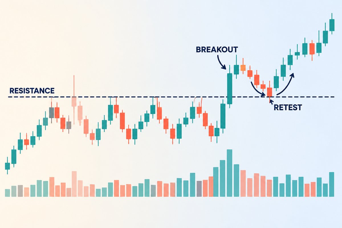 Flat-vector chart of a breakout and retest: candles repeatedly stall under a dashed RESISTANCE line, one tall candle closes above it on rising volume (BREAKOUT), then price dips back to touch the line from above (RETEST) and rises.