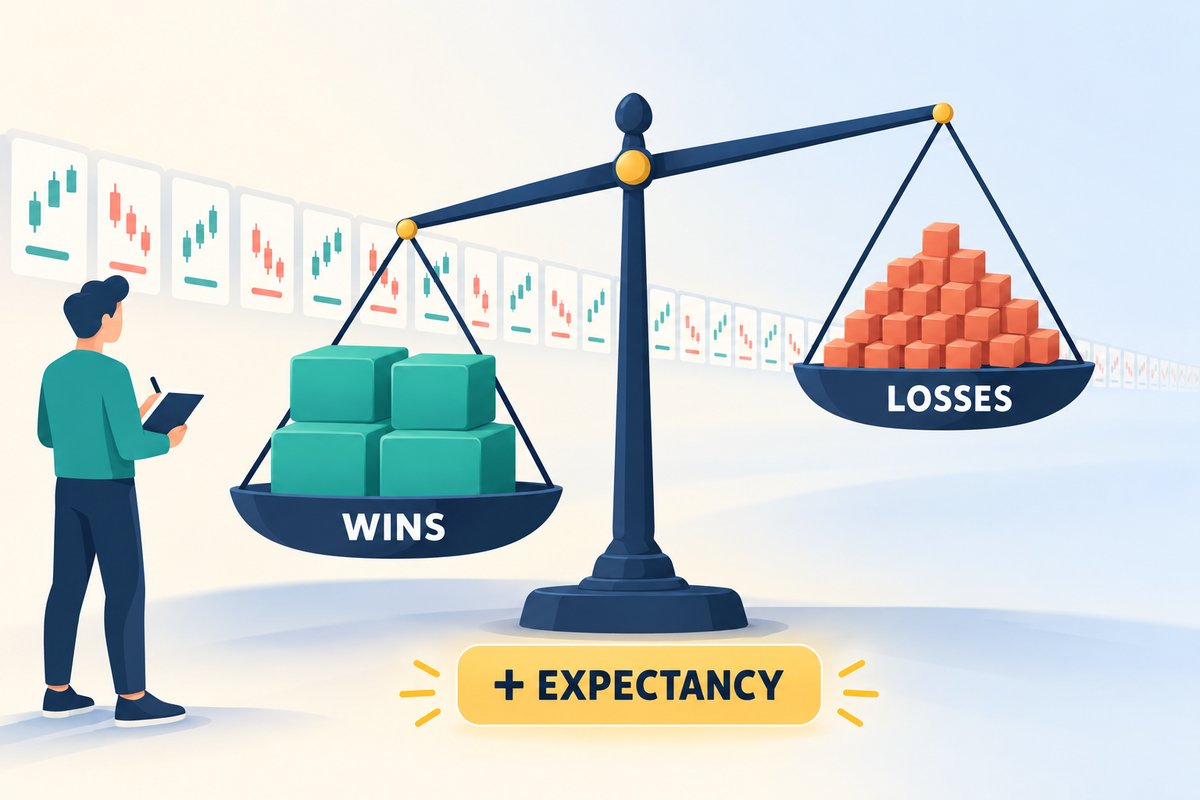 Flat-vector illustration of trading expectancy: an analyst with a notebook beside a balance scale weighing a few large wins against many small losses, with a long row of trade cards behind it.