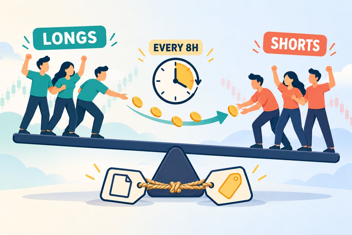 Flat-vector illustration of the funding rate: LONGS and SHORTS on either side of a see-saw, with coins passing between them through a clock marked EVERY 8H, keeping the contract price tied to spot.