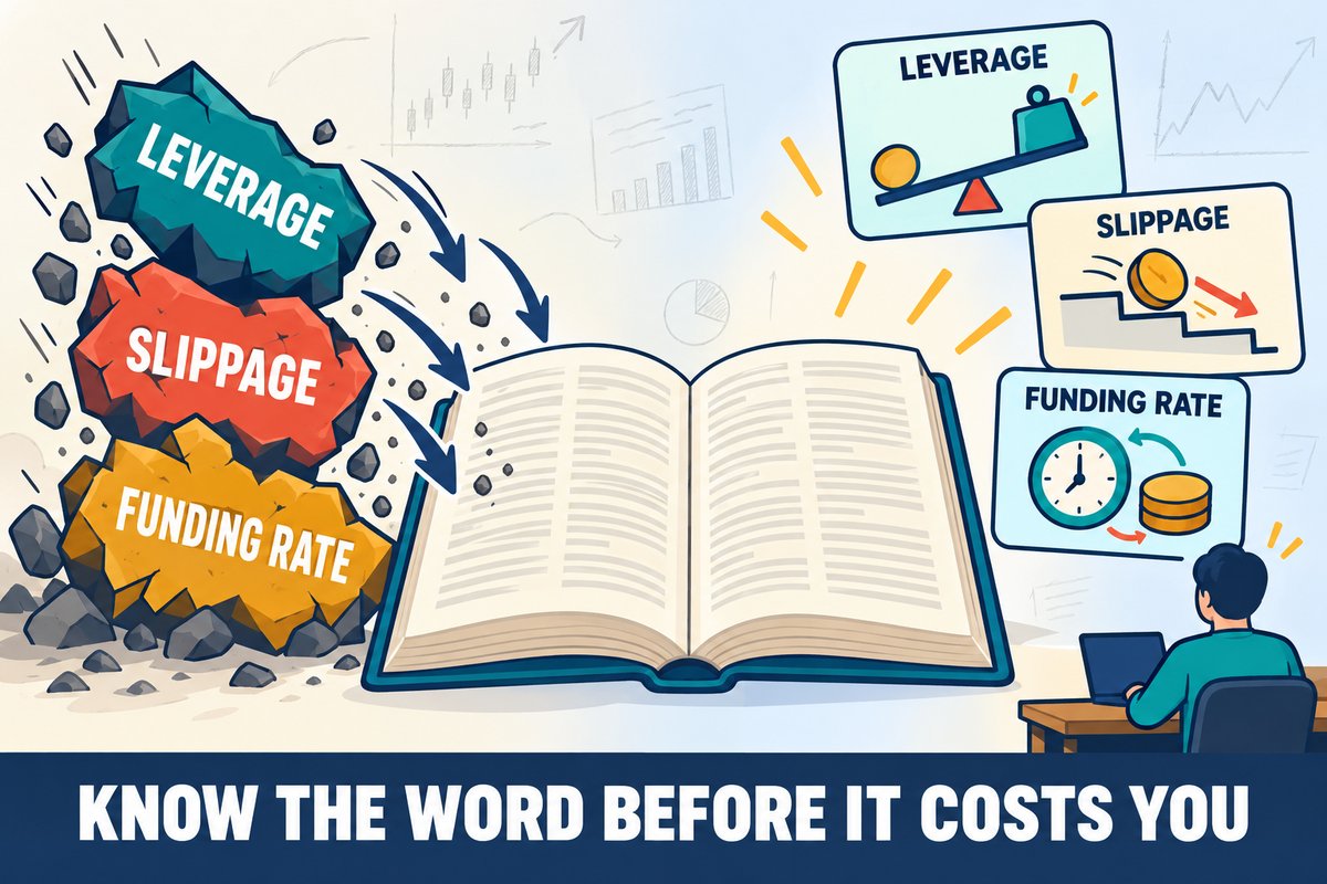 Flat-vector illustration: jagged word-blocks LEVERAGE, SLIPPAGE and FUNDING RATE fall into an open dictionary and come out as simple picture cards — a lever, a coin sliding down a step, a clock with a coin. Caption band: KNOW THE WORD BEFORE IT COSTS YOU.