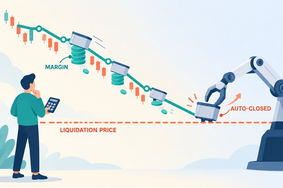 Flat-vector illustration of liquidation: a leveraged position sitting on a shrinking margin cushion as price falls toward a marked liquidation line, where a risk engine closes the position automatically.