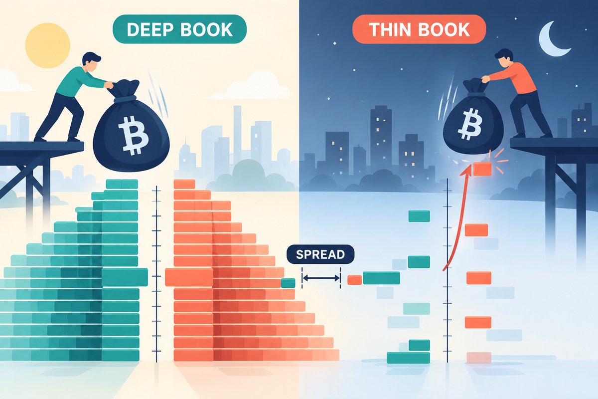 Flat-vector illustration of liquidity: by day a large order dropped into a deep order book barely moves the price; at night the same order in a thin book makes the price jump, with the gap between best bid and ask marked SPREAD.