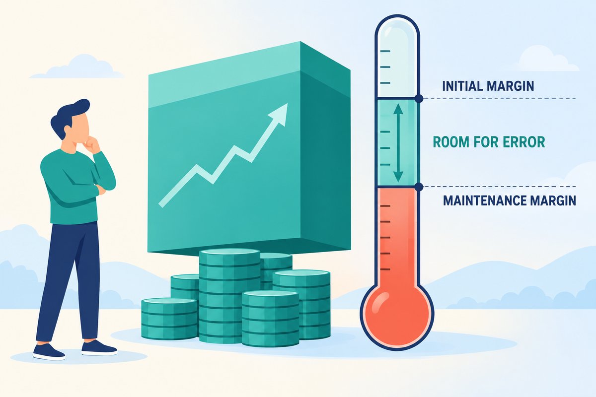 Flat-vector illustration of margin: a trader looks at a large leveraged position resting on a pile of collateral coins, next to a gauge with an INITIAL MARGIN line above a MAINTENANCE MARGIN line and the band between them marked ROOM FOR ERROR.
