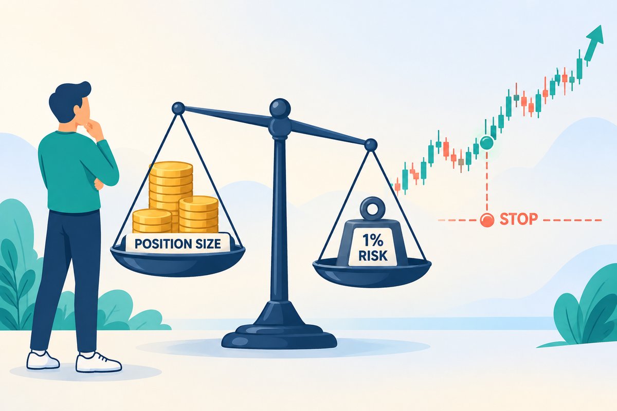 Flat-vector illustration of position sizing: a trader studies a balance scale with a stack of coins labeled POSITION SIZE on one pan and a small weight tagged 1% RISK on the other, beside a rising chart with a dashed STOP line under the entry.