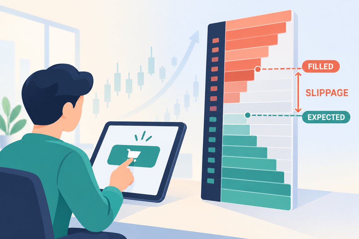 Flat-vector illustration of slippage: a trader taps a buy button while an order book staircase shows the EXPECTED price on a lower step and the FILLED price a few steps higher, the gap between them bracketed as SLIPPAGE.