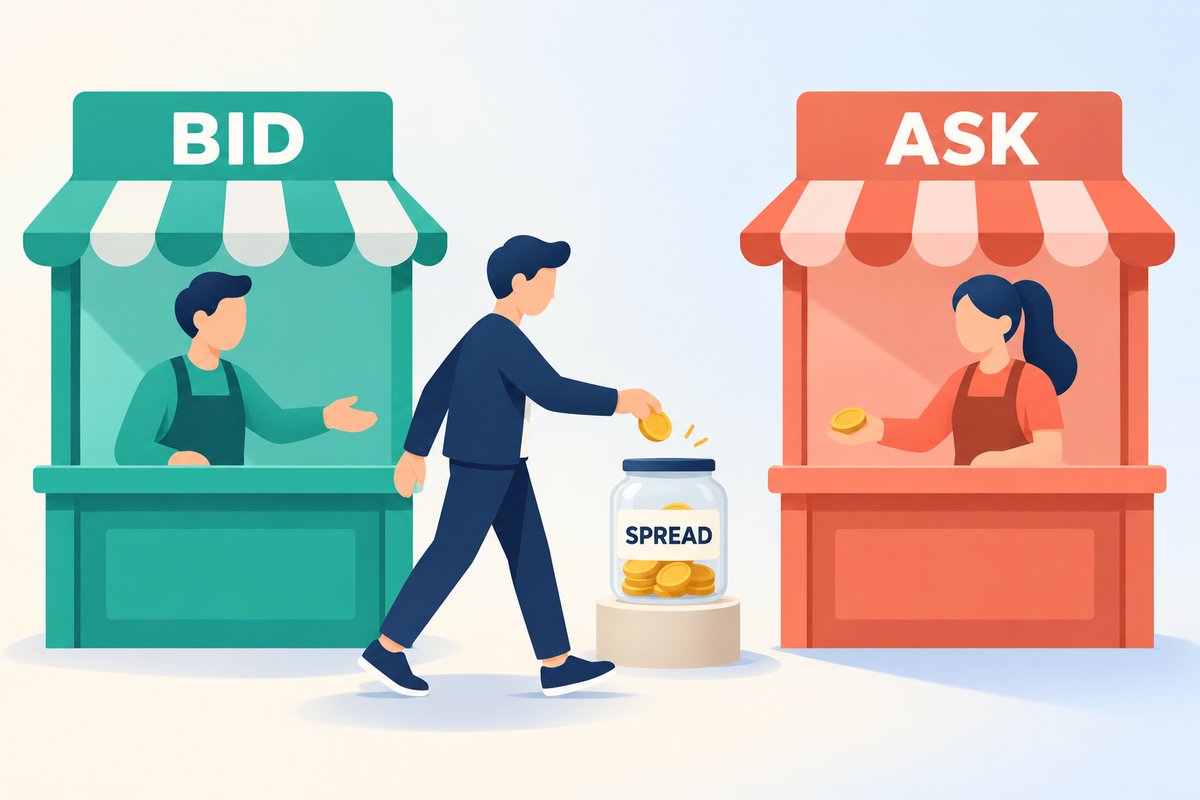 Flat-vector illustration of the bid-ask spread: a teal BID window with a buyer and a coral ASK window with a seller, and between them a coin jar labeled SPREAD into which a trader crossing from one window to the other drops a coin.