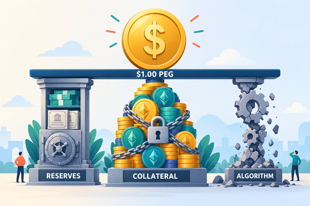 Flat-vector illustration of a stablecoin: a dollar coin balanced level on a line labeled $1.00 PEG, held up by three pillars labeled RESERVES (a vault of cash and bonds), COLLATERAL (a larger pile of locked crypto) and ALGORITHM (a cracked gear pillar that is crumbling).