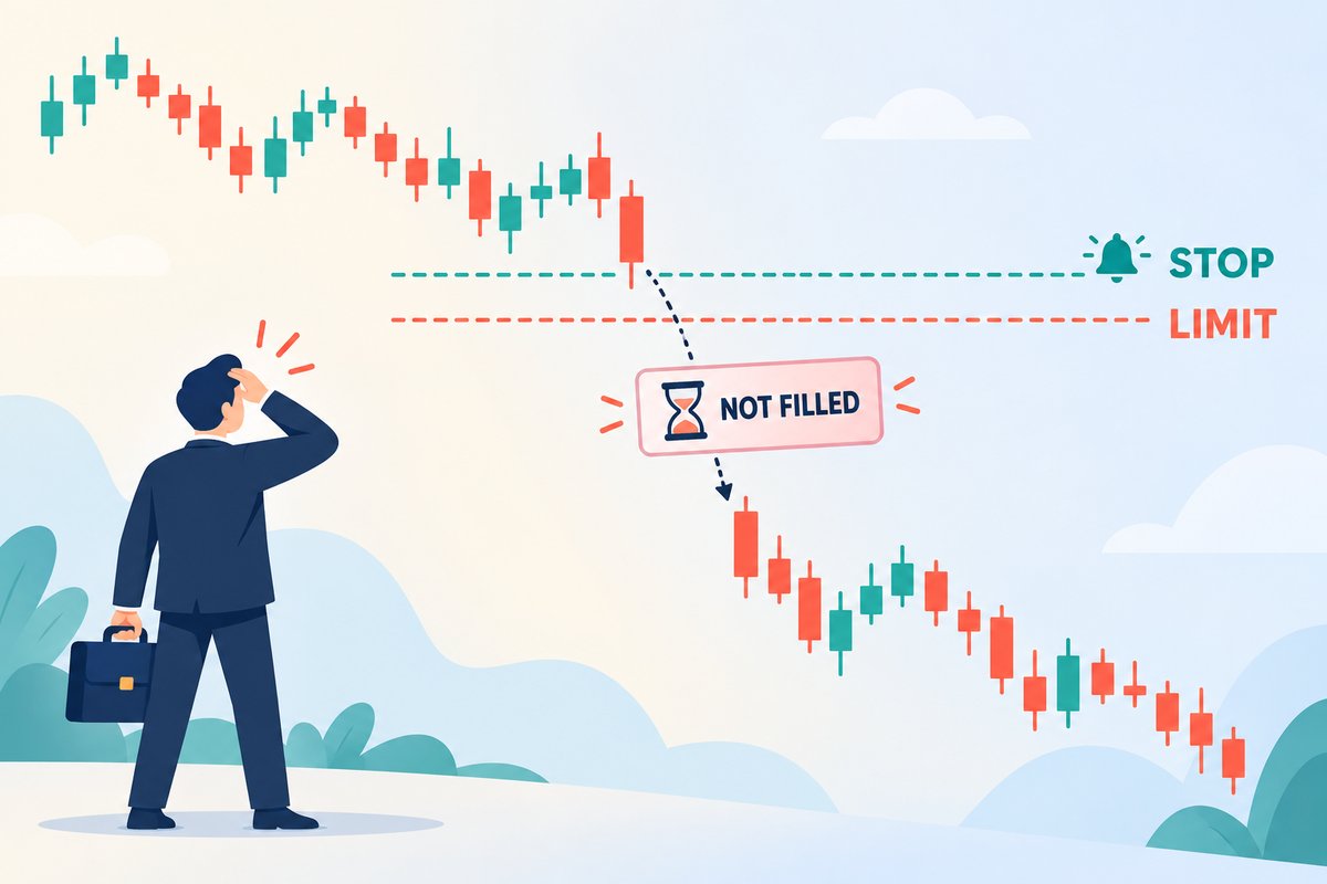 Flat-vector illustration of a stop-limit order: falling candles gap down past a teal STOP trigger line and a coral LIMIT line, leaving an order ticket stamped NOT FILLED while a worried trader still holds the position.