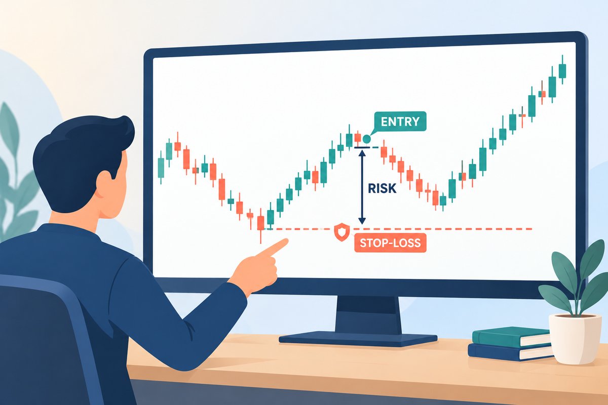 Flat-vector illustration of a stop-loss: a price chart with an ENTRY flag, a recent swing low, and a coral STOP-LOSS line with a shield placed just below that low, the distance between entry and stop bracketed as RISK.