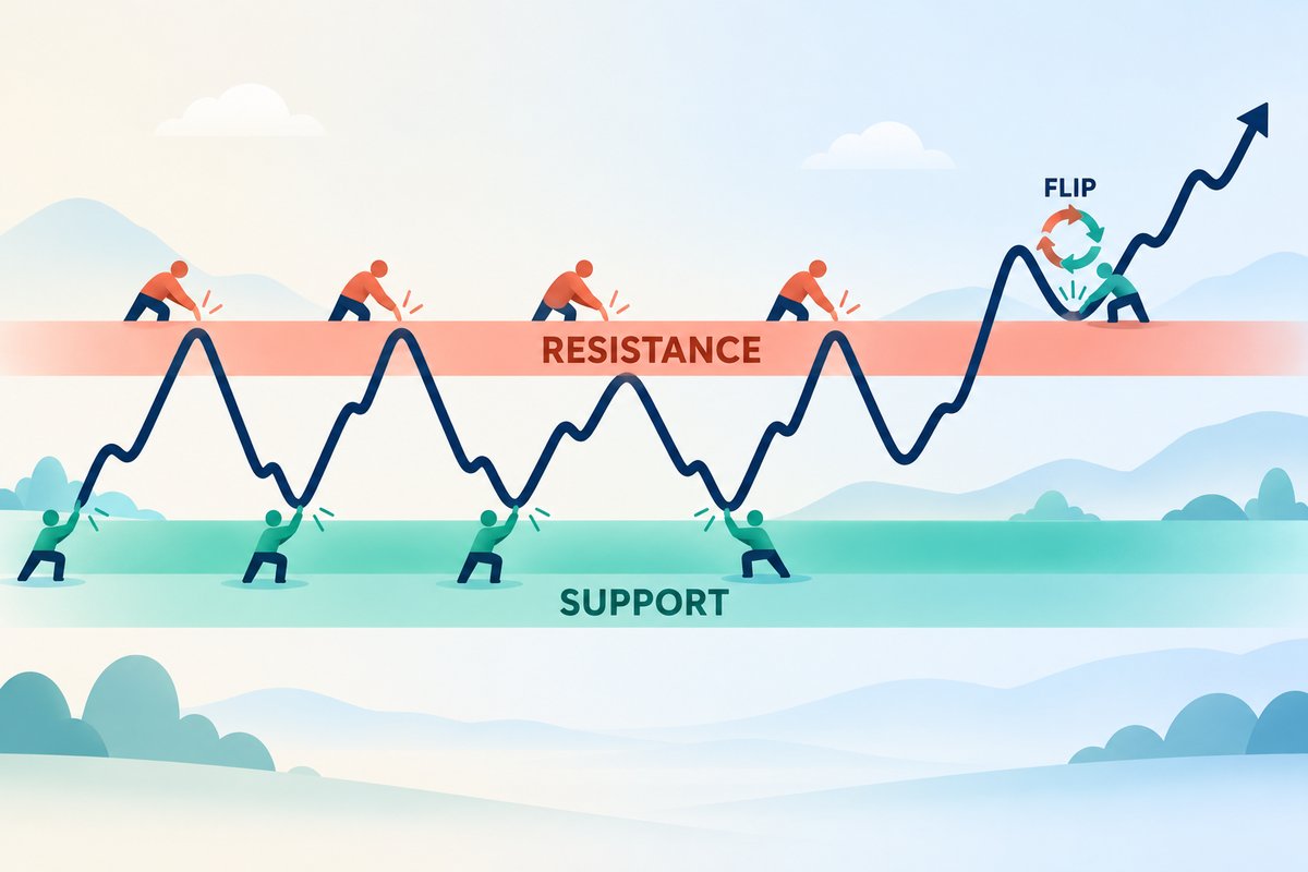 Flat-vector illustration of support and resistance: price swings sideways between a teal SUPPORT zone where buyers push up and a coral RESISTANCE zone where sellers push down, then breaks out and retests the old ceiling from above, marked FLIP.