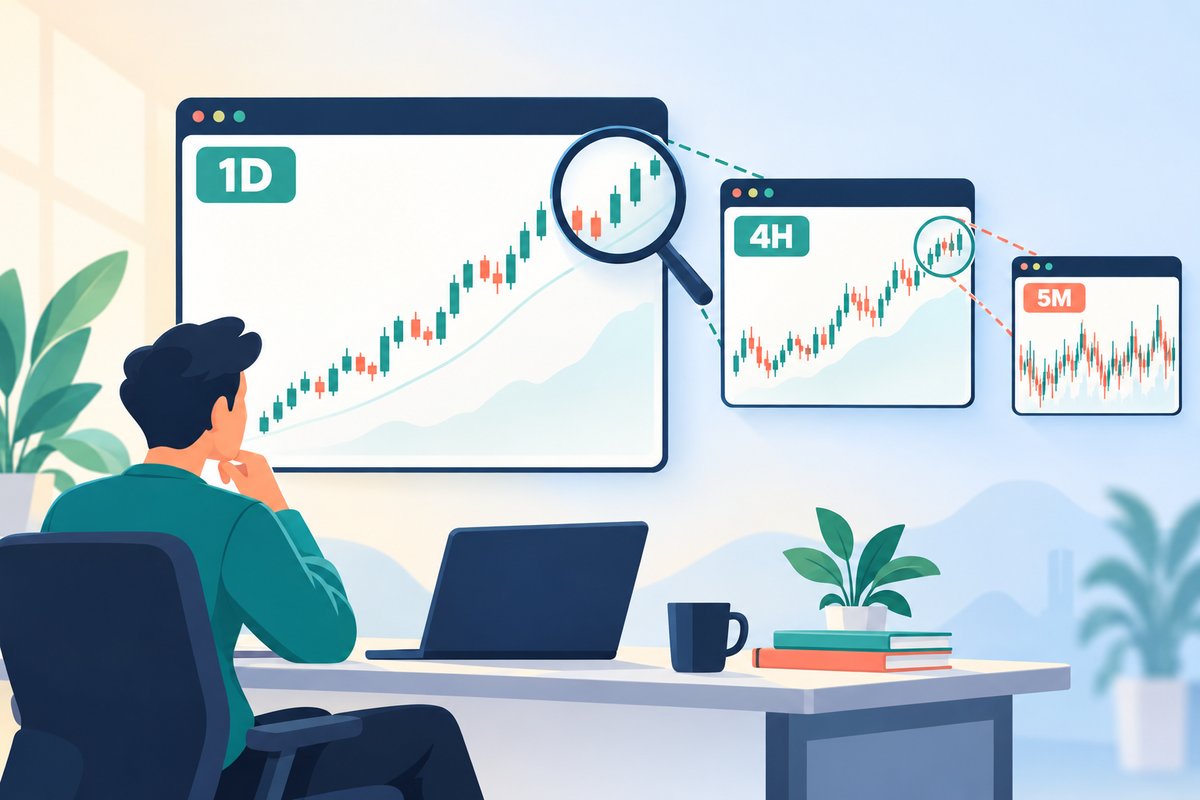 Flat-vector illustration of chart timeframes: three nested chart windows of the same market &mdash; a calm trending 1D chart, a 4H chart and a noisy, jagged 5M chart &mdash; linked by a magnifying glass, with a trader focused on the daily window.
