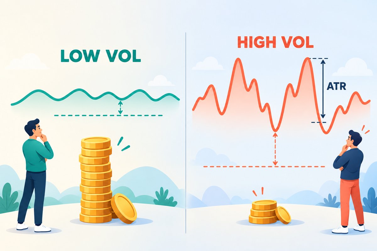 Flat-vector illustration of volatility: a small calm teal wave labeled LOW VOL with a tight stop and a large coin stack beside a wild coral wave labeled HIGH VOL with a far stop, a small coin stack and an ATR ruler measuring its swing.