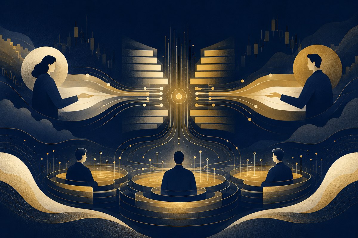Editorial illustration of how the crypto market works: buyers and sellers meeting through an order book while market makers provide liquidity