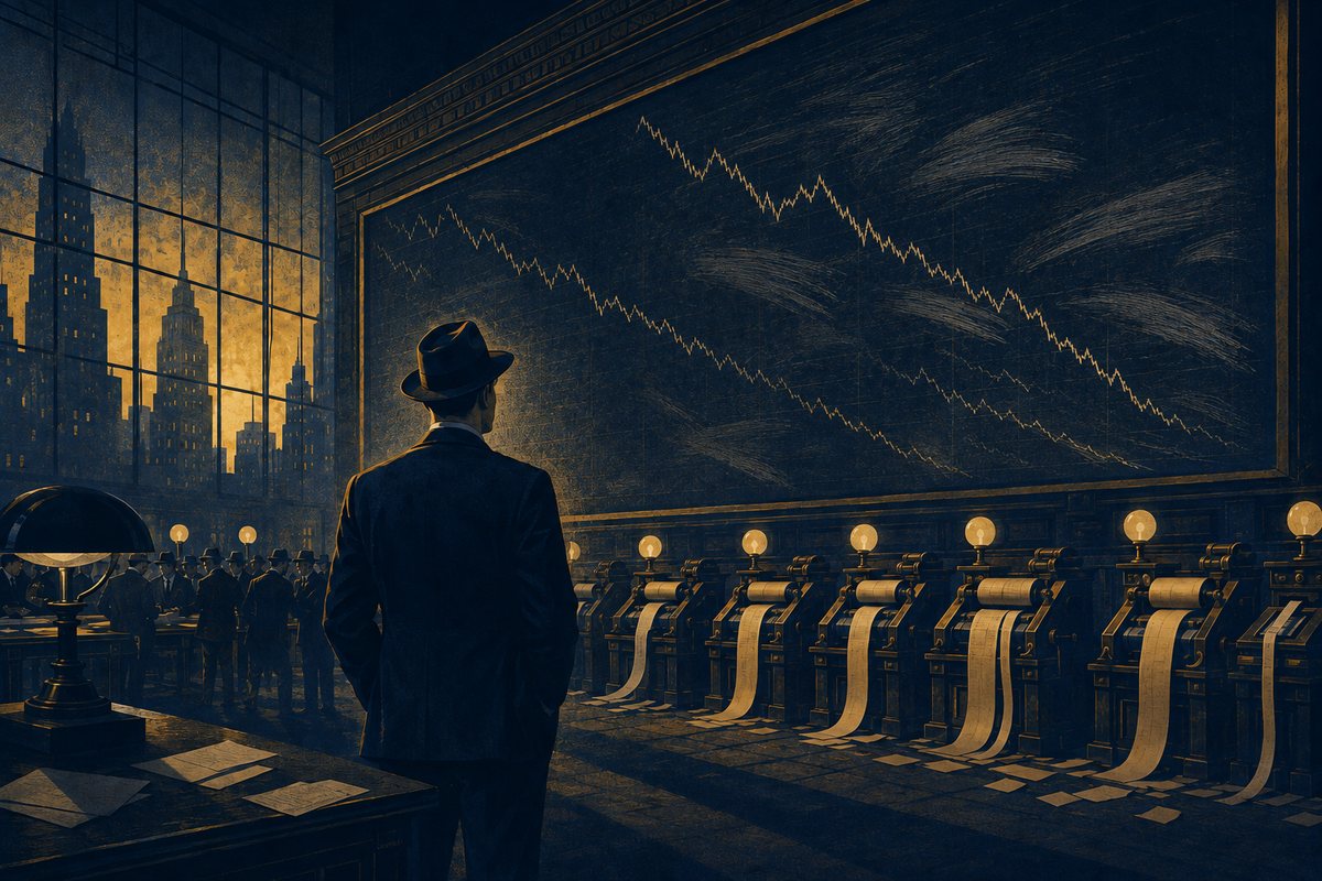 Illustration of a 1920s trader watching a falling market on a Wall Street trading floor, evoking Jesse Livermore and the 1929 crash