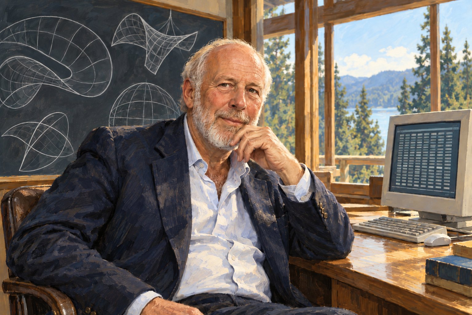 Illustrated portrait of a white-bearded mathematician in his sixties at a plain wooden desk around the year 2000, a chalkboard of hand-drawn geometry surfaces behind him and an early computer monitor of data beside him — an illustration, not a photograph, and not a likeness of any real person