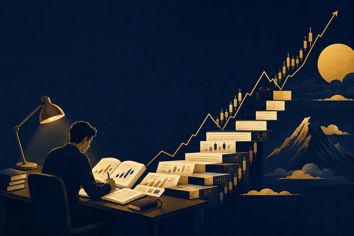 Editorial illustration of a trader studying by lamplight while books form the foundation beneath a rising market line — knowledge capital before trading capital