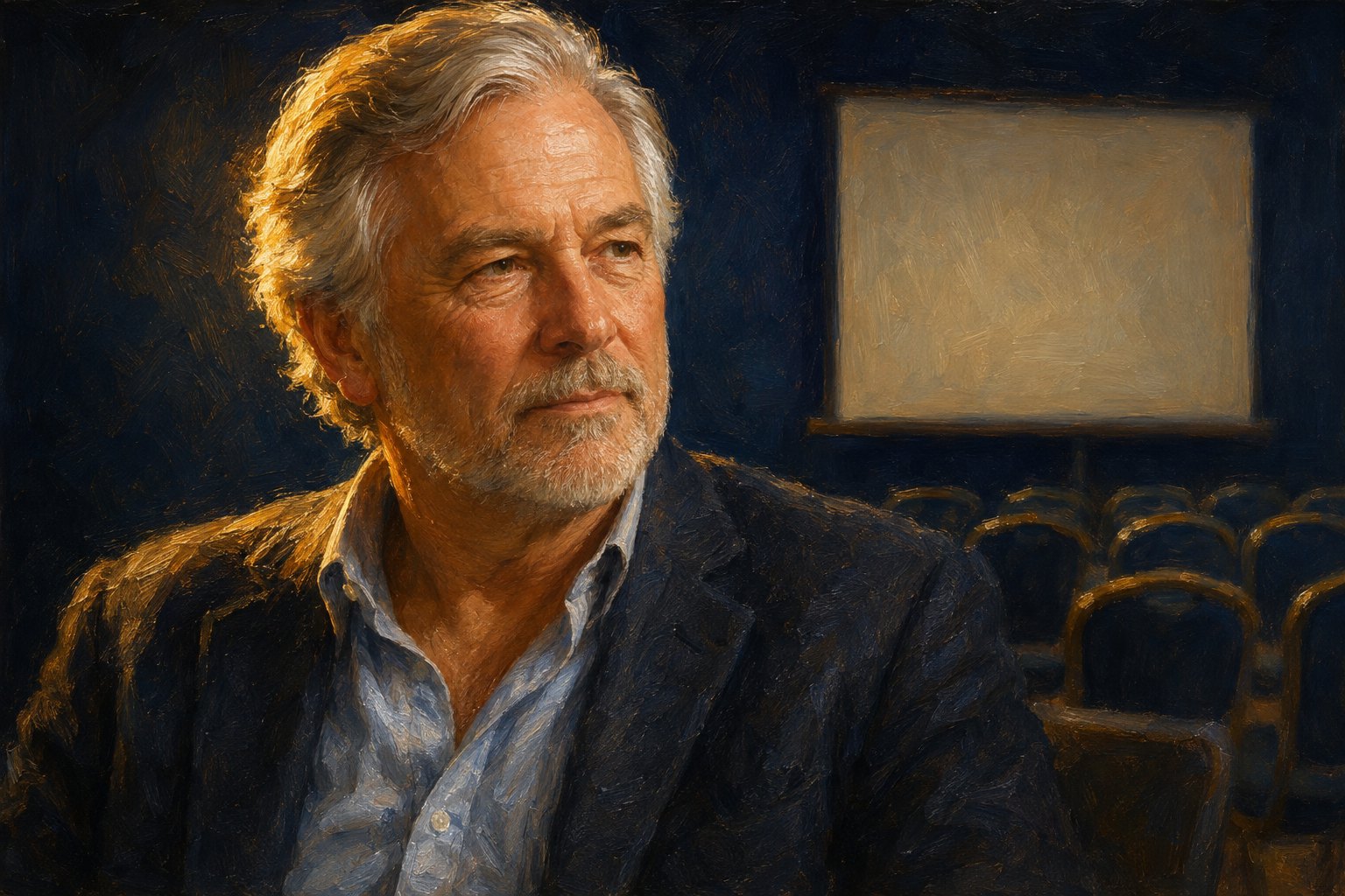 Editorial oil-painting illustration of a composed older man in a dark jacket and open-collar shirt, seated in front of an out-of-focus seminar room with rows of empty chairs and a blank presentation board — an illustration, not a photograph