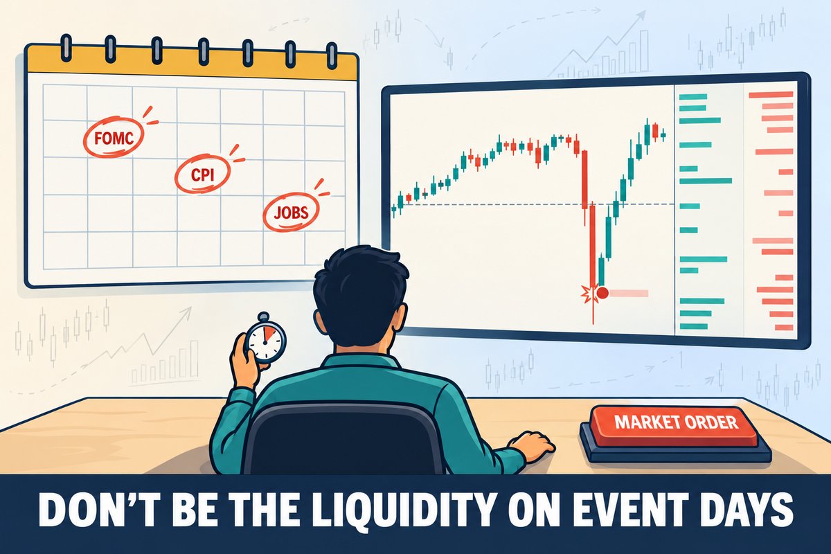 Flat-vector illustration: a wall calendar with FOMC, CPI and JOBS days circled, a thin order book and a sudden wick that sweeps a resting stop and snaps back, and a trader holding a timer with hands off the MARKET ORDER button. Caption band: DON'T BE THE LIQUIDITY ON EVENT DAYS.