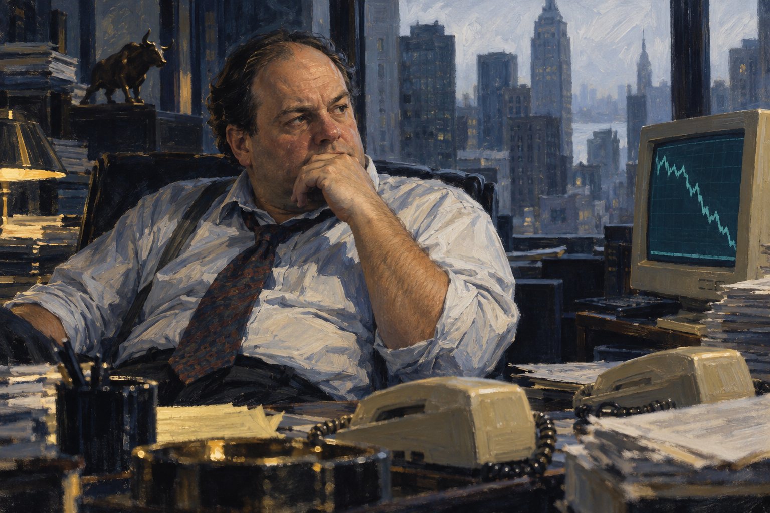 Illustrated portrait of a hedge fund manager at his desk in the early 1990s, telephone handsets and a bond-yield screen behind him — an illustration, not a photograph