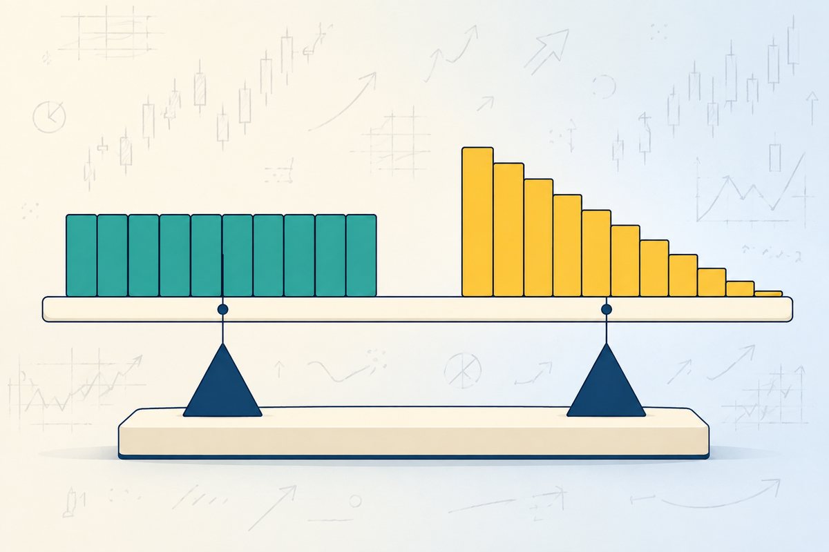 Explainer graphic of a level beam carrying ten equal teal blocks on one side and a descending gold staircase of ten blocks on the other, each group balanced on its own fulcrum at the same distance from centre - two different weighting shapes with identical average lag