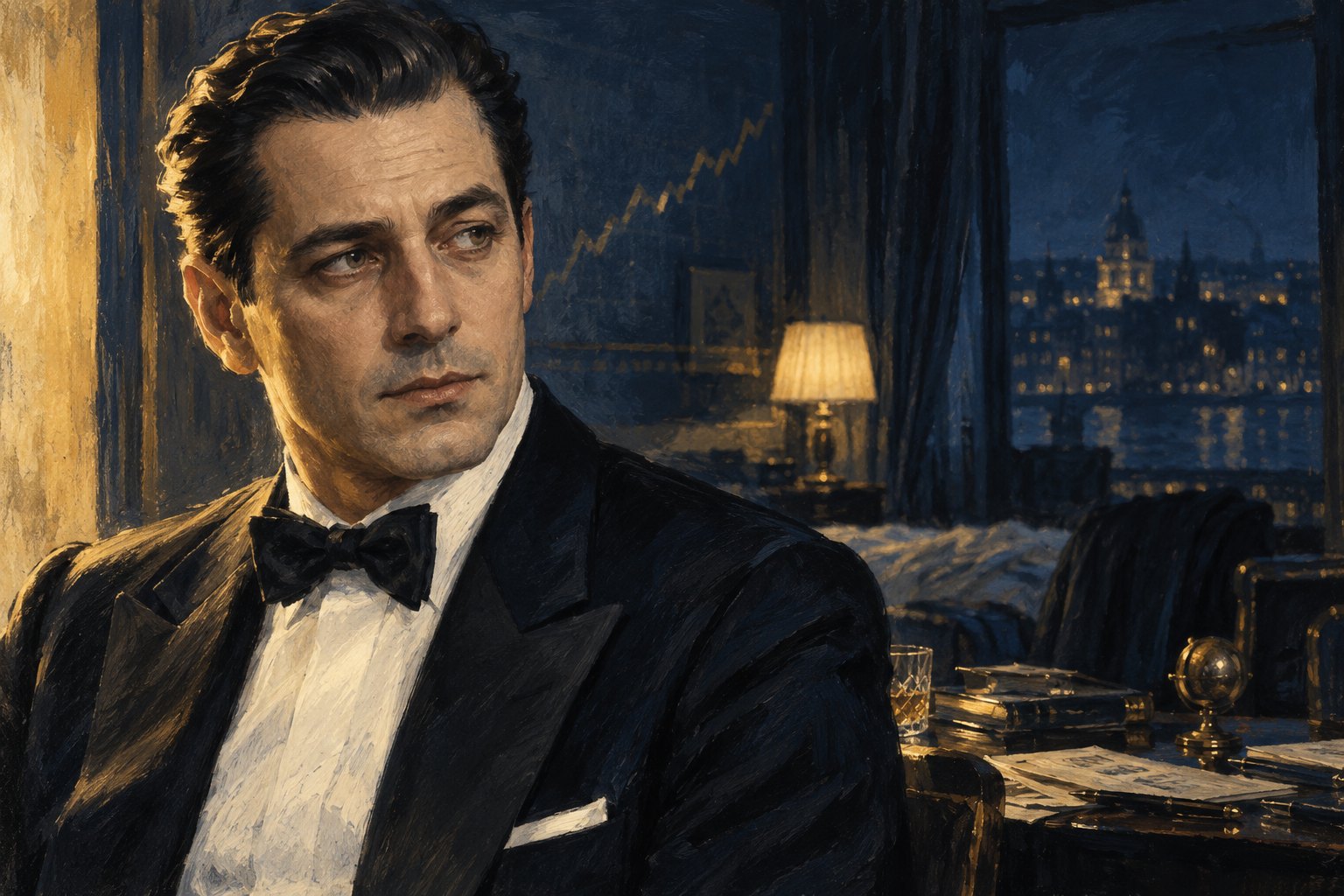 Illustrated portrait of a man in a black dinner jacket and bow tie seated in a dark navy hotel room at night, lit warmly from the left, a faint rising gold chart line painted on the wall behind his shoulder and a lit city visible through the window &mdash; an illustration, not a photograph