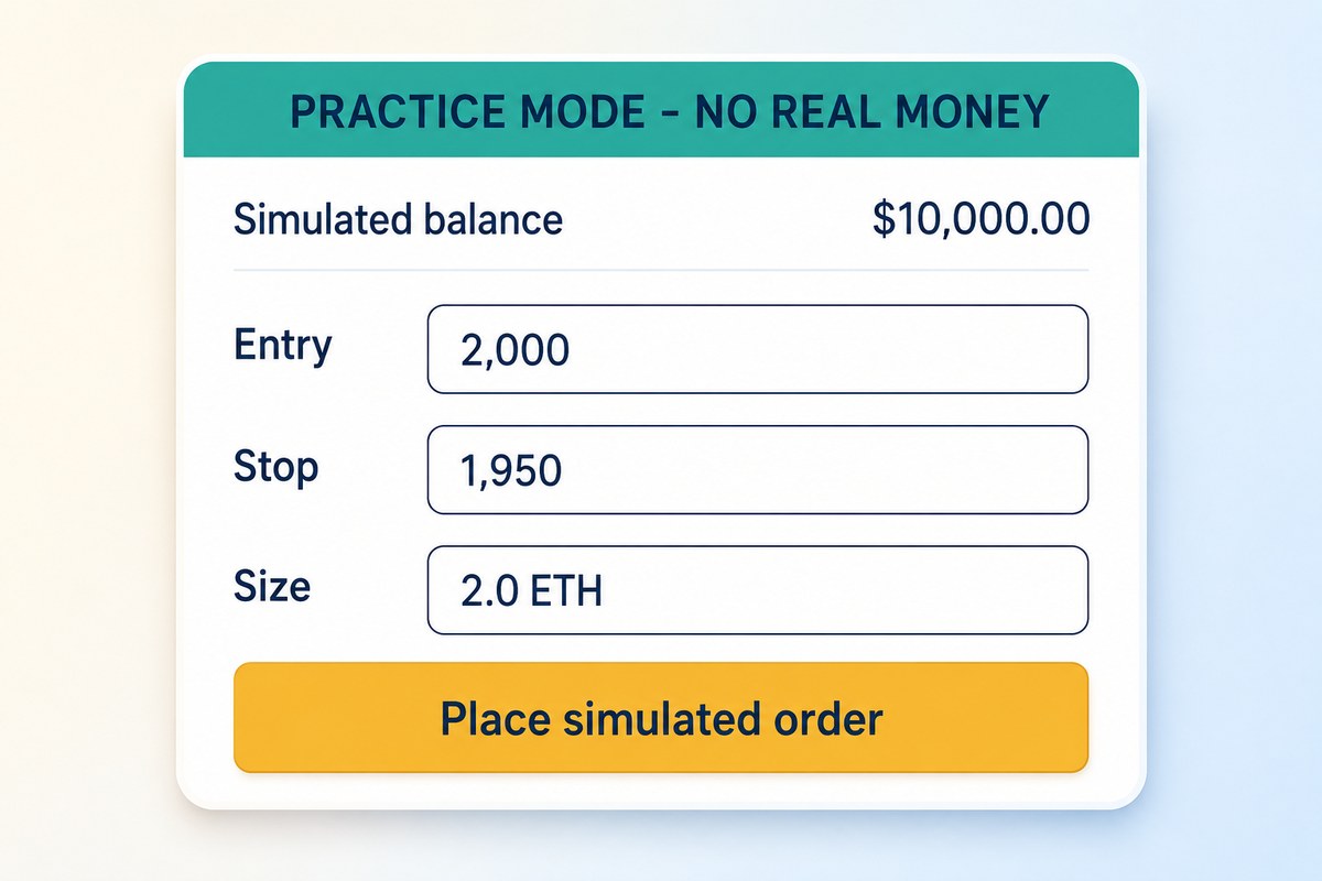 A practice-mode order ticket showing a simulated $10,000 balance, entry 2,000, stop 1,950 and size 2.0 ETH