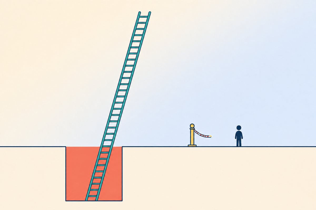 Flat illustration: a shallow pit beside a ladder two and a half times longer than the pit is deep, with a small figure standing behind a marker post set back from the edge