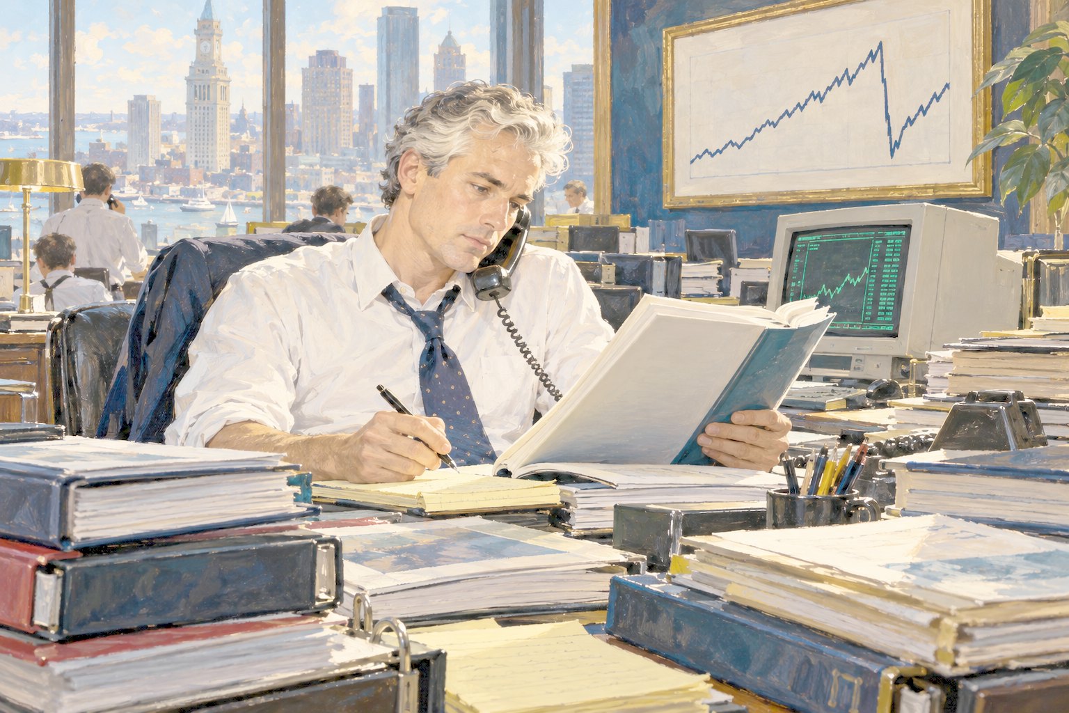 Illustrated portrait of a lean man in his early forties with grey-white hair, white shirt with rolled sleeves and a loosened navy tie, holding a telephone receiver to his ear while reading an annual report and taking notes at a desk piled with binders and reports in a busy Boston fund office in late 1987; a green-screen quote terminal glows beside him, the harbour and city towers show through tall windows, and a framed chart on the wall climbs for years, drops sharply by about a third, then climbs again — a representative figure, not a likeness of any real person — an illustration, not a photograph