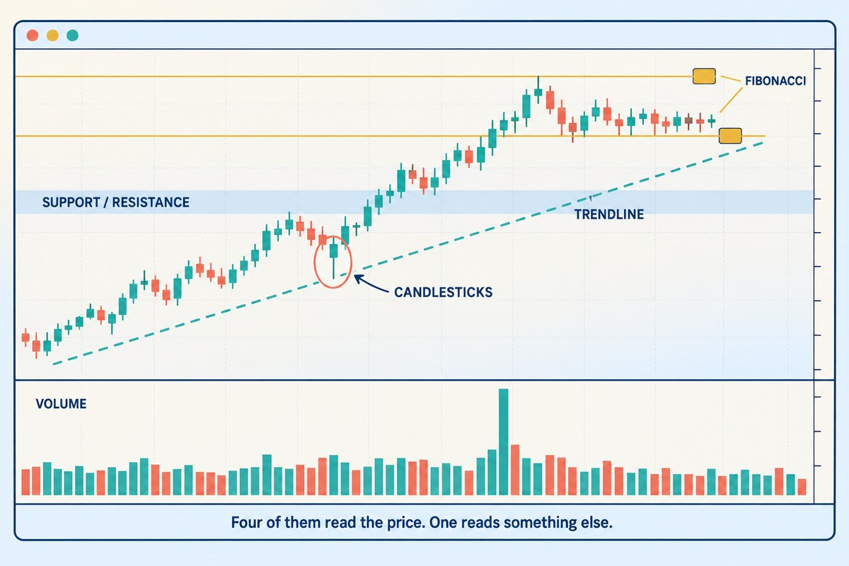 Explainer graphic of a trading chart window with the five components of price action labelled: a dashed teal trendline running under the candle lows, a pale horizontal band marked support and resistance, one candle circled in coral and labelled candlesticks, two gold horizontal lines labelled Fibonacci, and a clearly separate lower panel labelled volume with one column much taller than the rest. The caption reads: four of them read the price, one reads something else