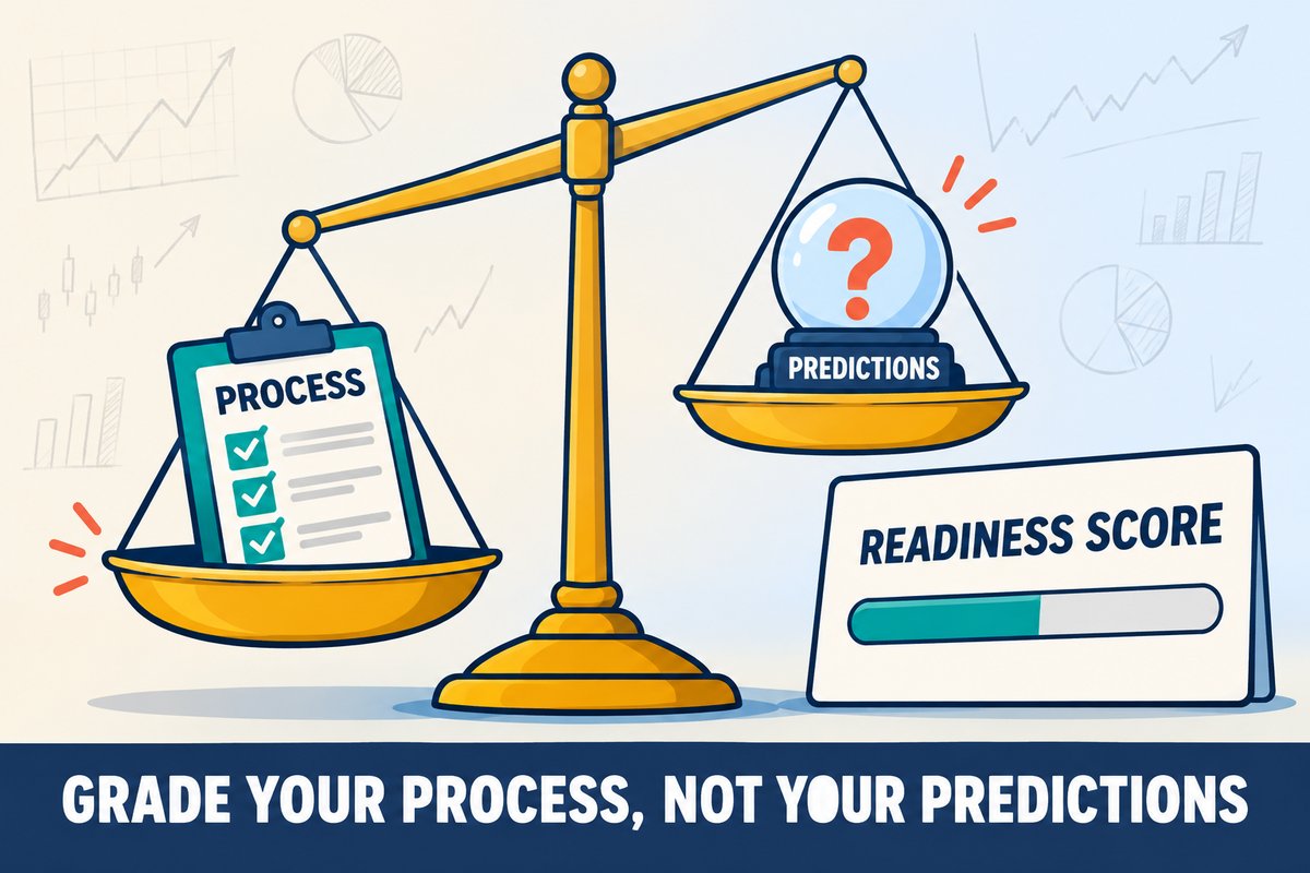 Flat-vector illustration: a balance scale where the PROCESS checklist outweighs a crystal ball labeled PREDICTIONS, beside a READINESS SCORE card with a half-filled bar. Caption band: GRADE YOUR PROCESS, NOT YOUR PREDICTIONS.