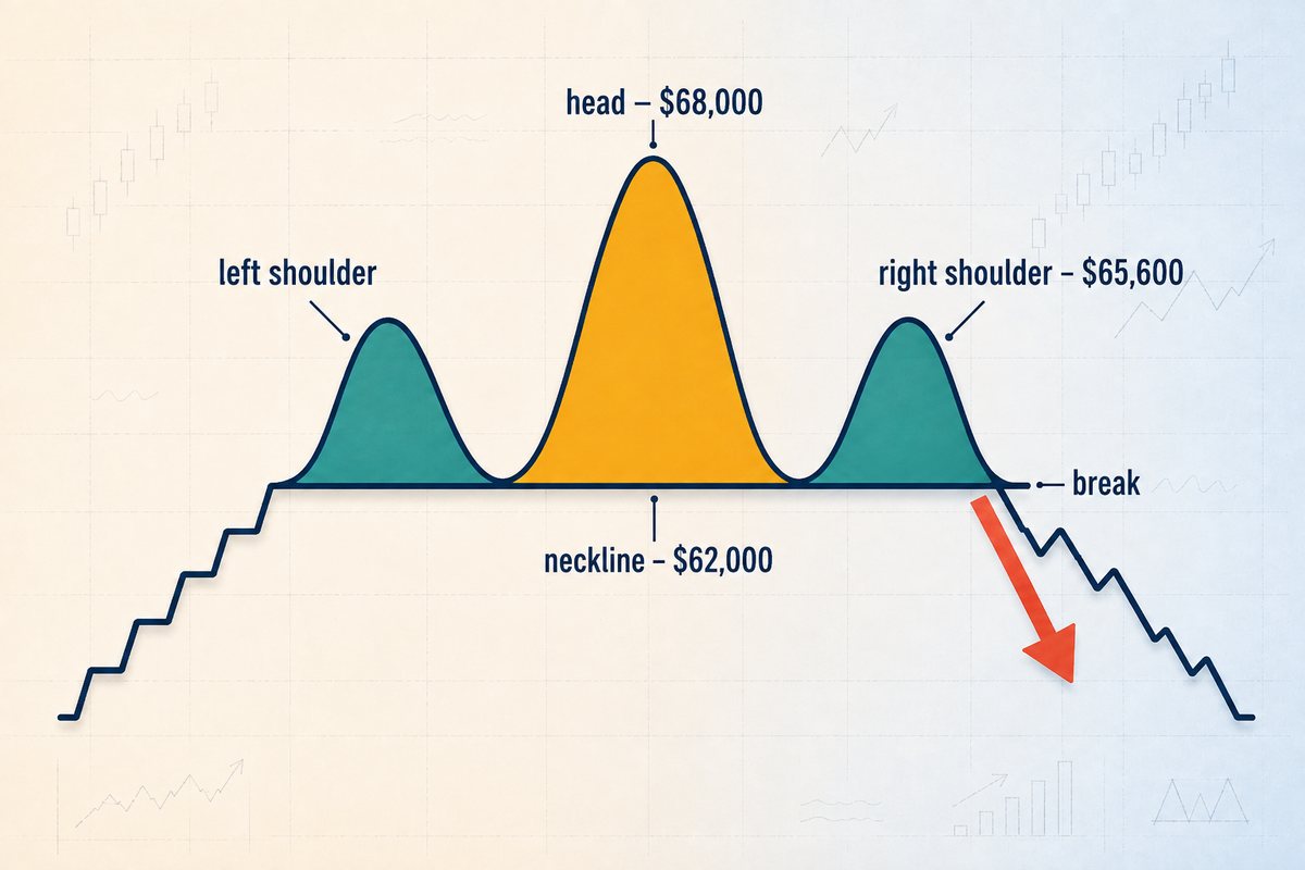A price chart climbing into three rounded peaks, the middle gold peak clearly the tallest, with a straight navy neckline drawn under the two valleys and a coral arrow breaking down through it on the right