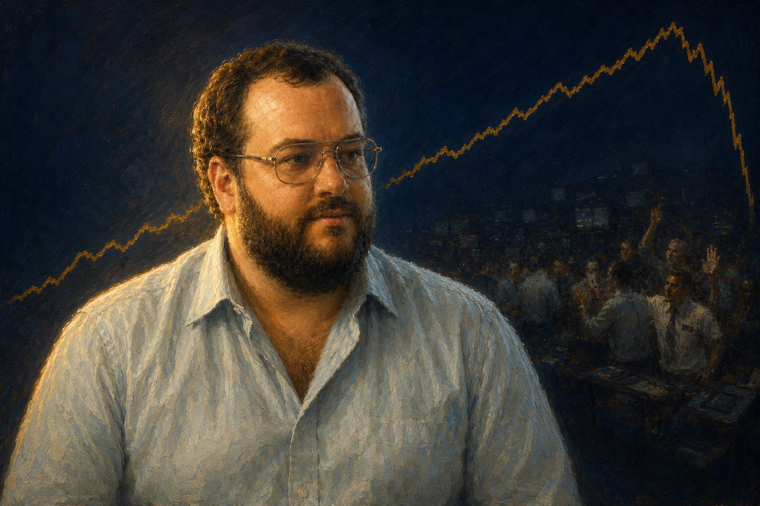 Illustrated portrait of Richard Dennis in a Chicago futures pit in the early 1980s, order cards in hand, price boards blurred behind him — an illustration, not a photograph