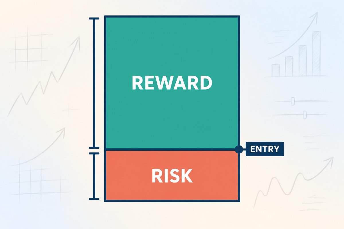 Flat vector illustration on a pale cream-to-blue background: a trading platform's long-position tool drawn as two stacked rectangles sharing one navy horizontal line, a tall teal rectangle labelled REWARD above it and a shorter coral rectangle labelled RISK below, with a small navy tag reading ENTRY on the shared line and two bracket marks down the left side