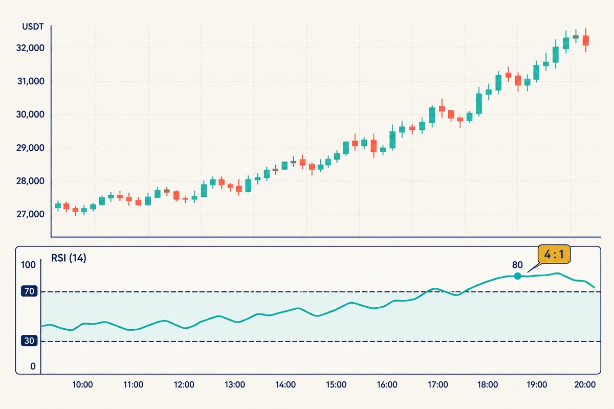 RSI indicator panel below a rising price chart, with the scale marked 0 to 100, dashed lines at 30 and 70, and a reading of 80 labelled as a four to one ratio