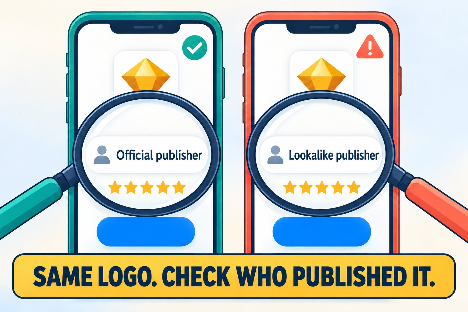 Two phones showing near-identical exchange app listings with the same gold coin icon and five stars; a magnifying glass reveals Official publisher on the left and Lookalike publisher on the right, above the caption Same logo. Check who published it.