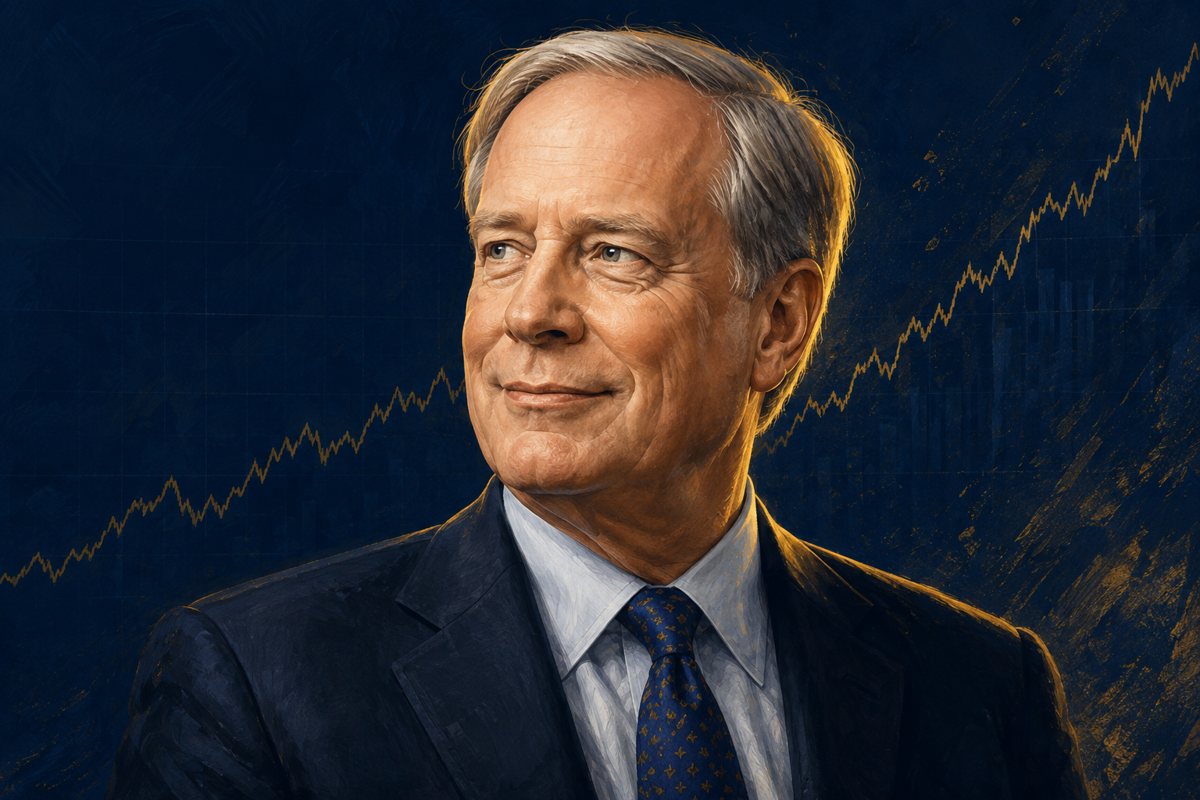 Editorial portrait illustration of macro investor Stanley Druckenmiller against a navy background with a rising equity curve