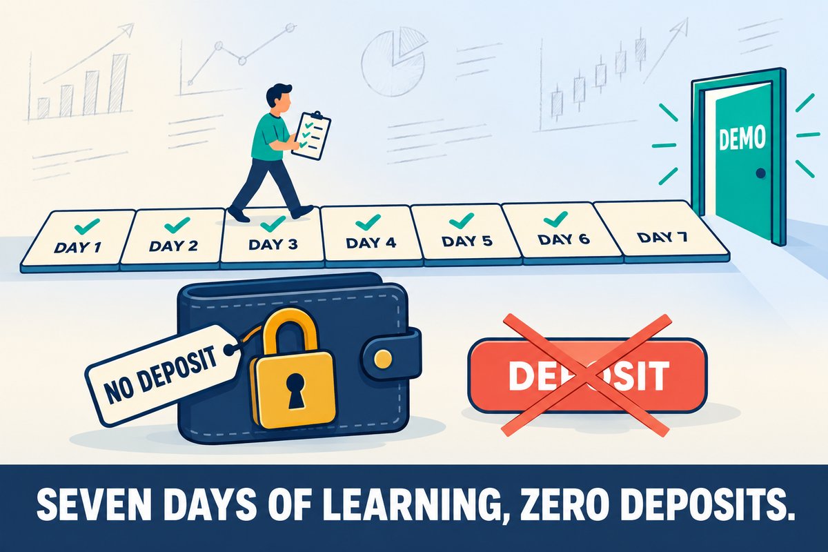 Flat-vector illustration: a beginner with a checklist walks seven tiles labeled DAY 1 to DAY 7 toward a teal door labeled DEMO, while a wallet is locked with a padlock tagged NO DEPOSIT and a DEPOSIT button is crossed out. Caption band: SEVEN DAYS OF LEARNING, ZERO DEPOSITS.