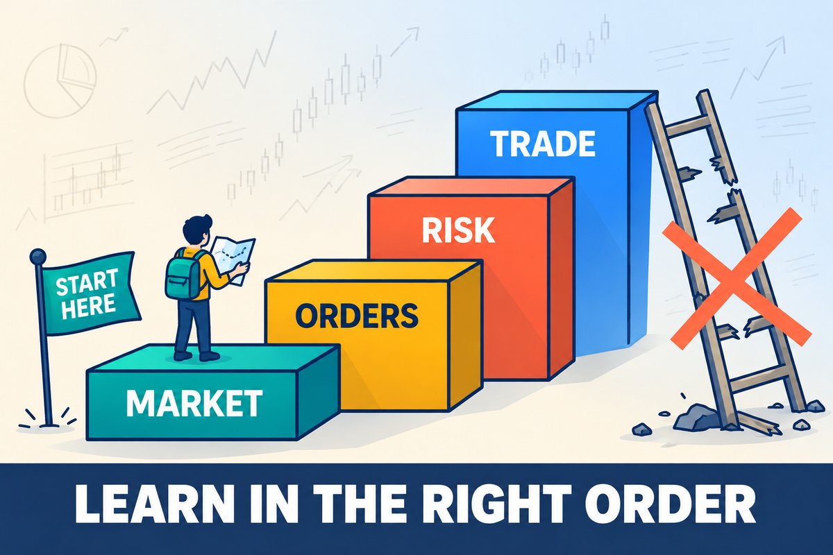 Flat-vector illustration: a staircase of four steps labeled MARKET, ORDERS, RISK and TRADE with a START HERE flag at the bottom and a small beginner on the first step, beside a broken shortcut ladder crossed out. Caption band: LEARN IN THE RIGHT ORDER.