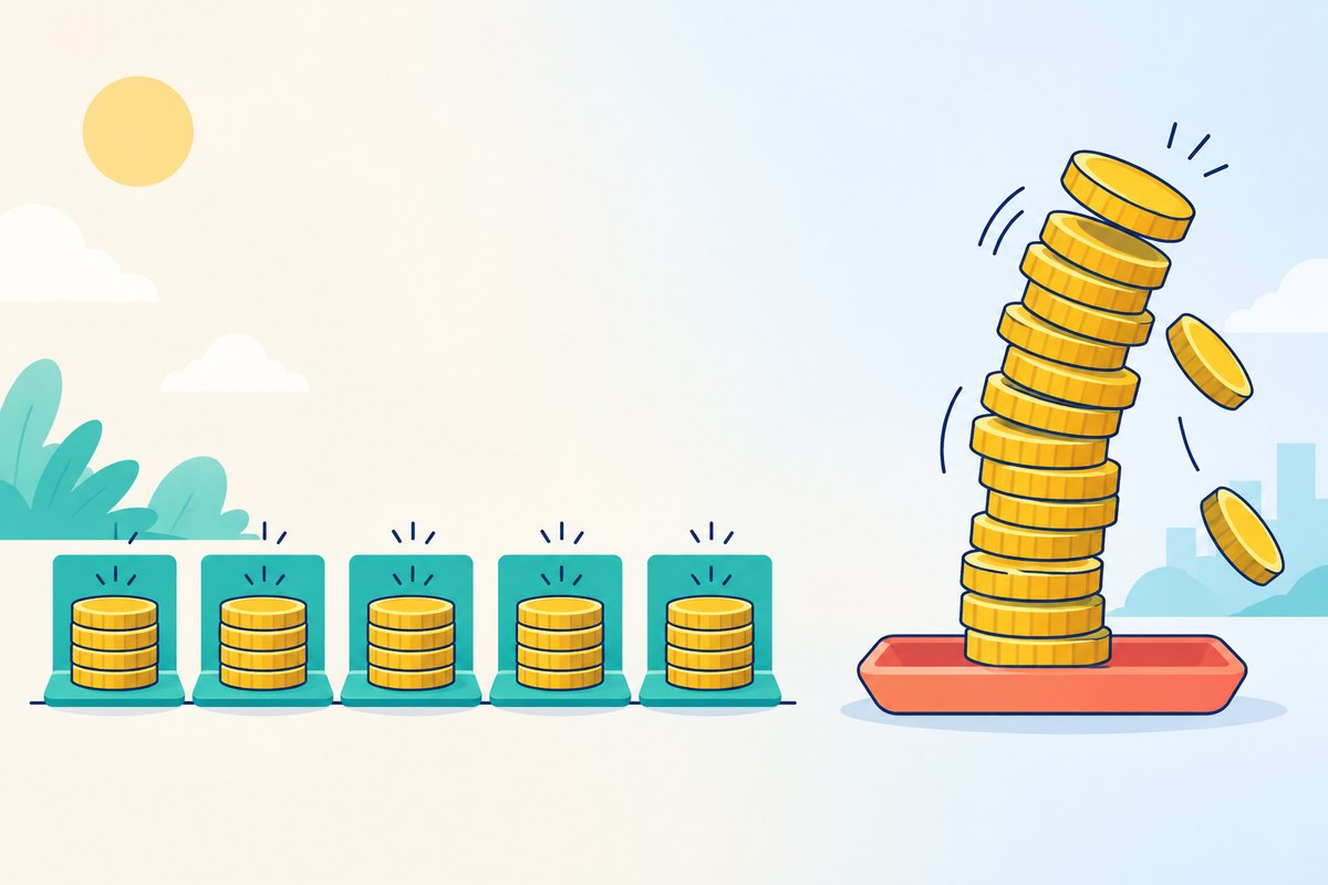 Flat vector illustration on a bright cream-to-pale-blue background: five small teal holders stand evenly spaced along a thin navy baseline on the left, each holding an identical short stack of gold coins; on the right a single coral tray holds one tall stack of the same coins, leaning over and shedding loose coins into the air