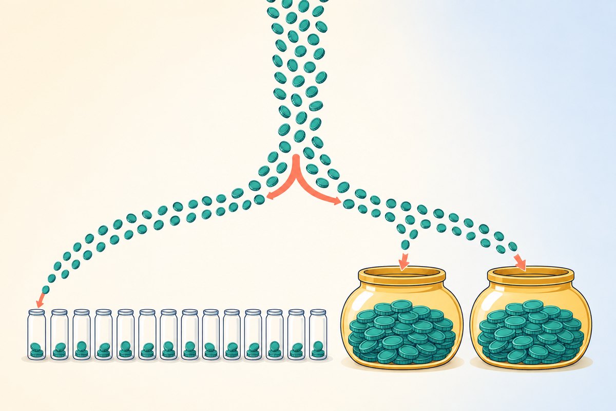 Explainer graphic showing the same stream of trades poured into twelve tiny jars on one side and two large jars on the other, illustrating how a trading timeframe only changes container size