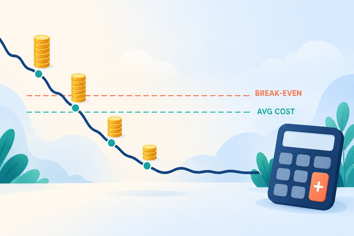 Flat-vector illustration of averaging down: a falling price line with four buys marked by gold coin stacks, a dashed teal line labelled AVG COST between the highest and lowest buy, a dashed coral line labelled BREAK-EVEN just above it, and a navy calculator on the right.