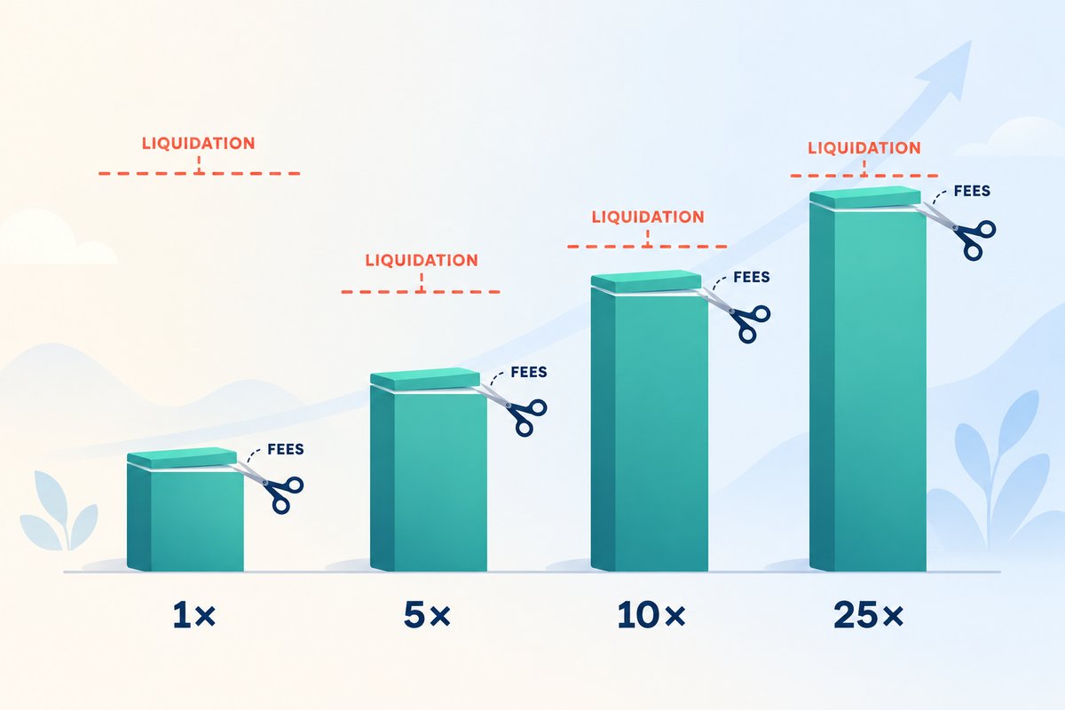 Flat-vector illustration of the same trade at 1x, 5x, 10x and 25x leverage: four teal bars grow taller left to right while a dashed coral LIQUIDATION line sits closer to the top of each bar, and scissors snip a FEES slice off every bar.