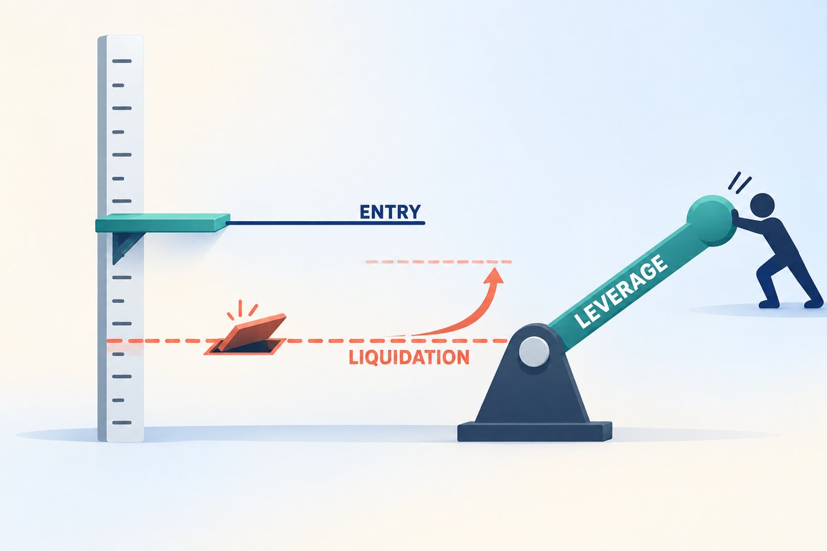 Flat-vector illustration of liquidation risk: a teal platform marks the ENTRY on a price ruler, a dashed coral LIQUIDATION line with a trapdoor sits below it, and a figure pushing a lever labelled LEVERAGE drags the liquidation line up toward the entry.