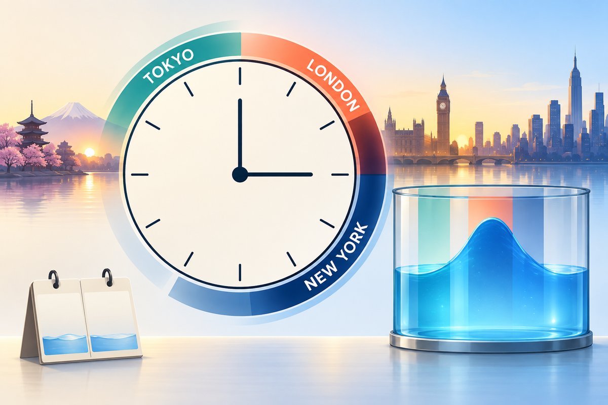 Flat-vector illustration of the trading sessions: a 24-hour clock ringed by TOKYO, LONDON and NEW YORK arcs, with a water tank beside it whose level peaks where the London and New York sessions overlap and stays low over the weekend.