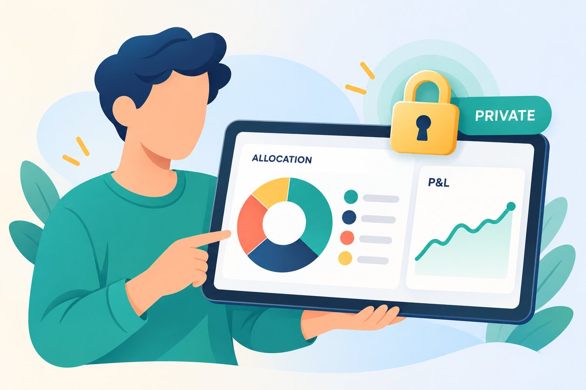 Flat-vector illustration of a private portfolio tracker: a person holds a tablet showing an ALLOCATION donut chart and a rising P&L line, with a padlock labelled PRIVATE floating above it.