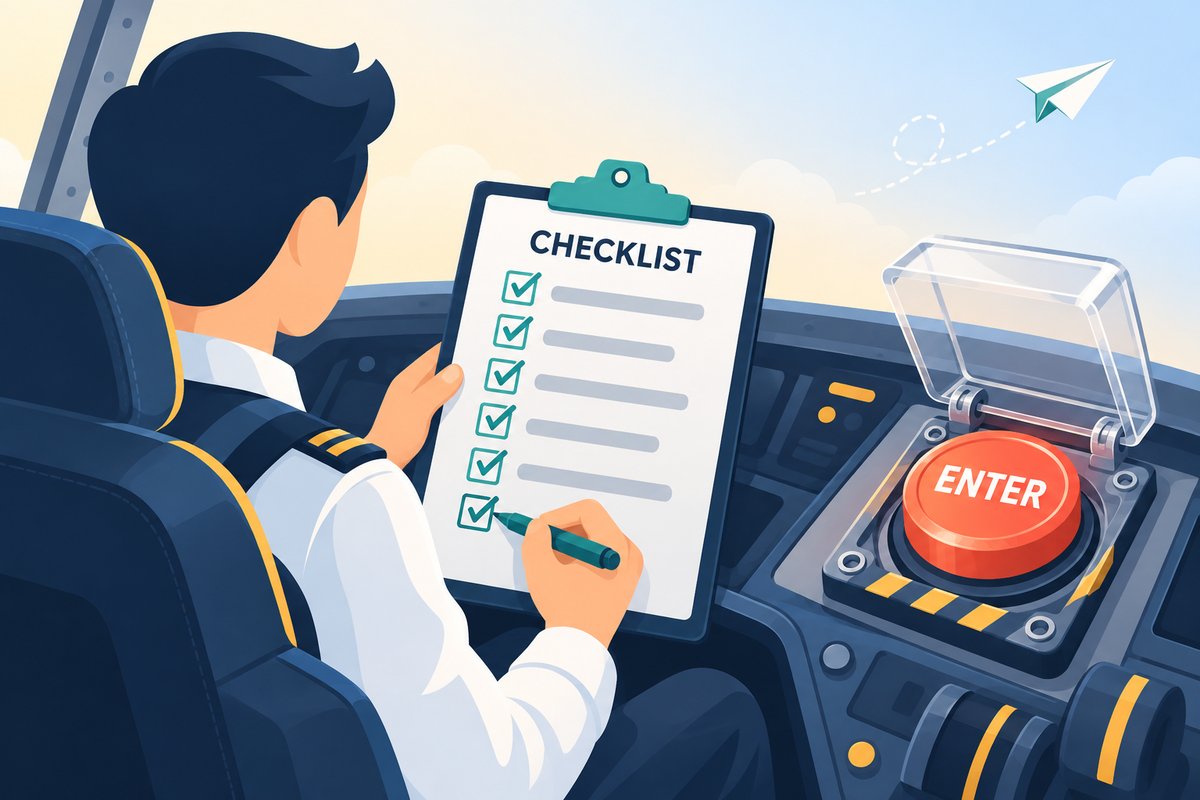 Flat-vector illustration of a pre-trade checklist: a pilot-style trader ticks the last box on a CHECKLIST clipboard while a red ENTER button stays under a clear safety cap.