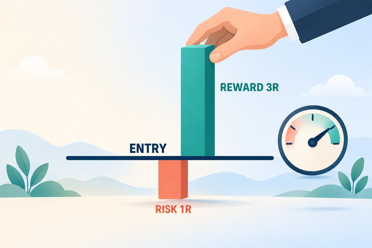 Flat-vector illustration of risk/reward: from an ENTRY line a short coral bar labelled RISK 1R hangs below and a teal bar three times taller labelled REWARD 3R rises above, with a gauge tilting toward the reward side.